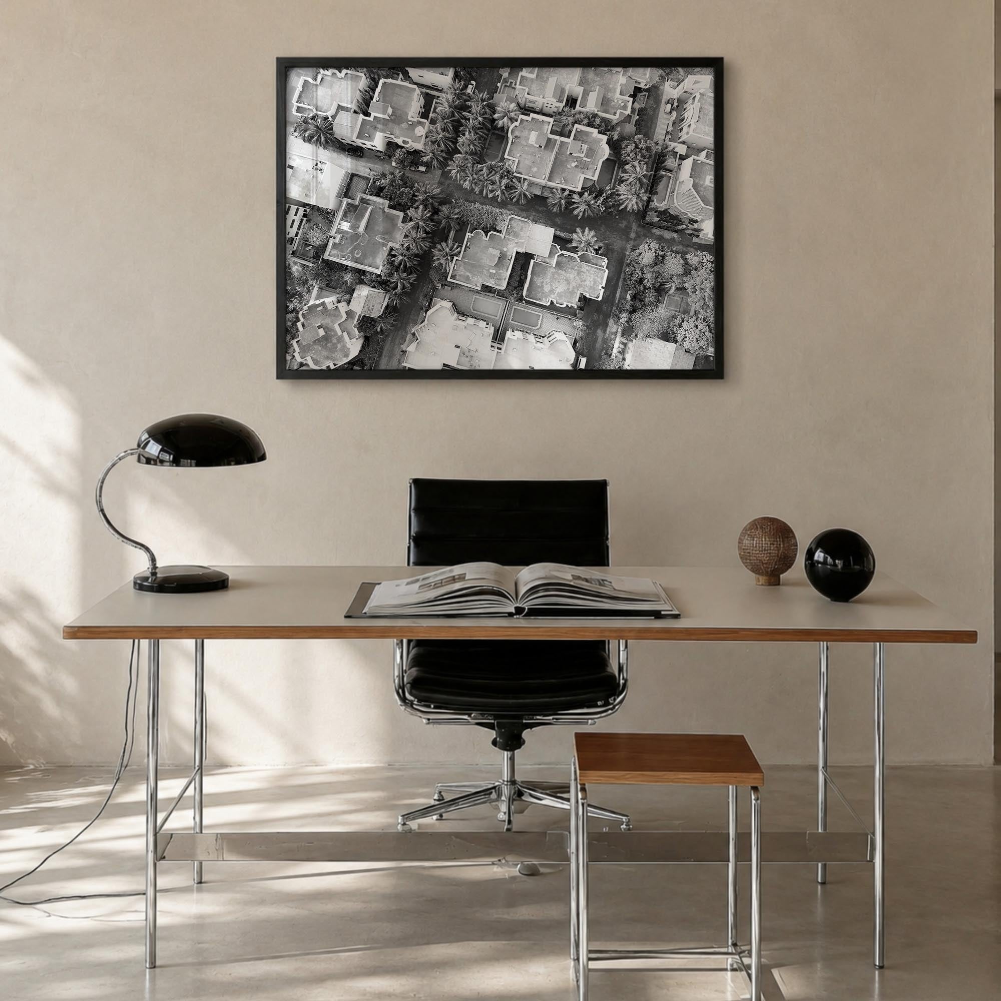 Ghana black & white photo poster of Africa – horizontal wall art in black wood frame, hanging on wall