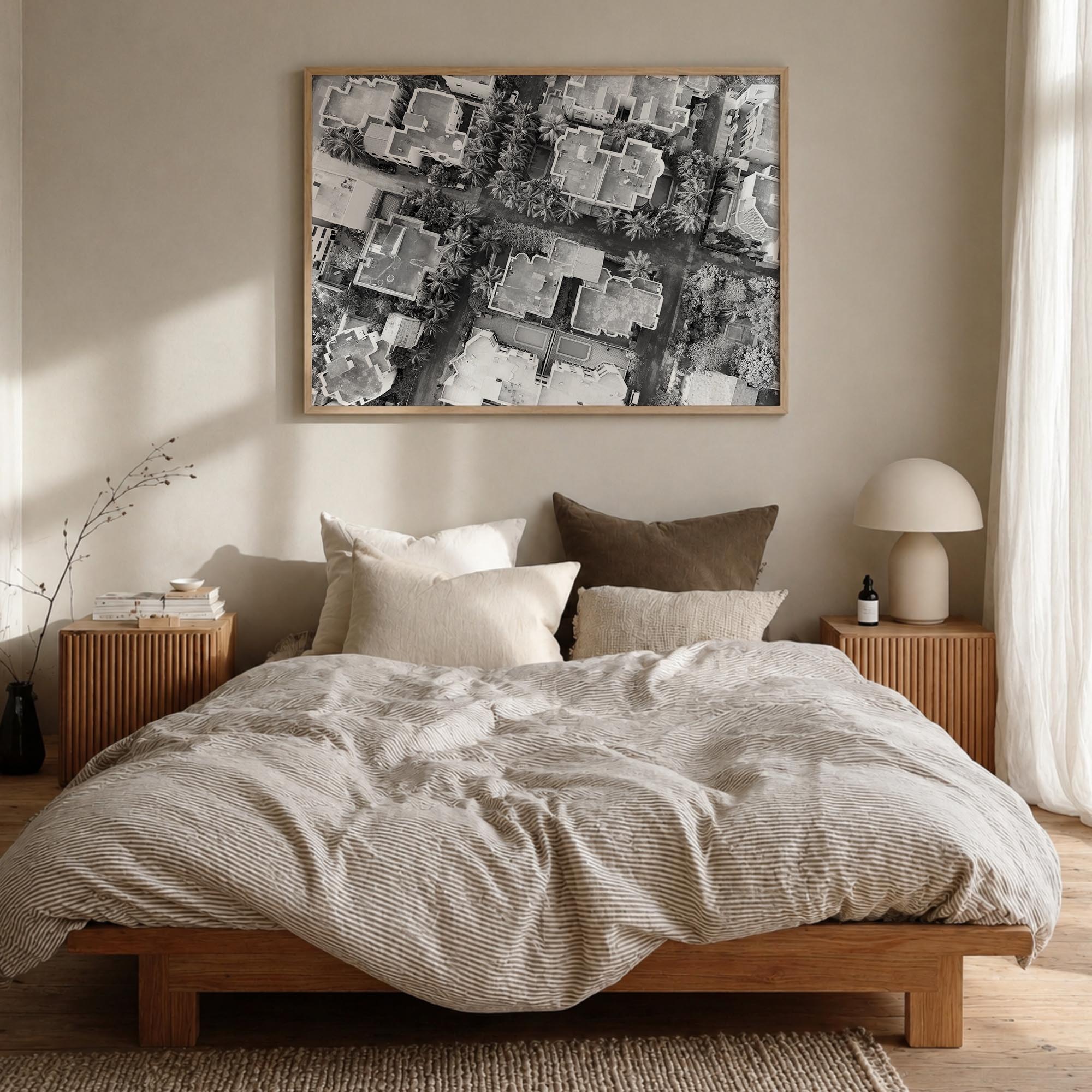 Ghana black & white photo poster of Africa – horizontal wall art in natural wood frame, hanging on wall