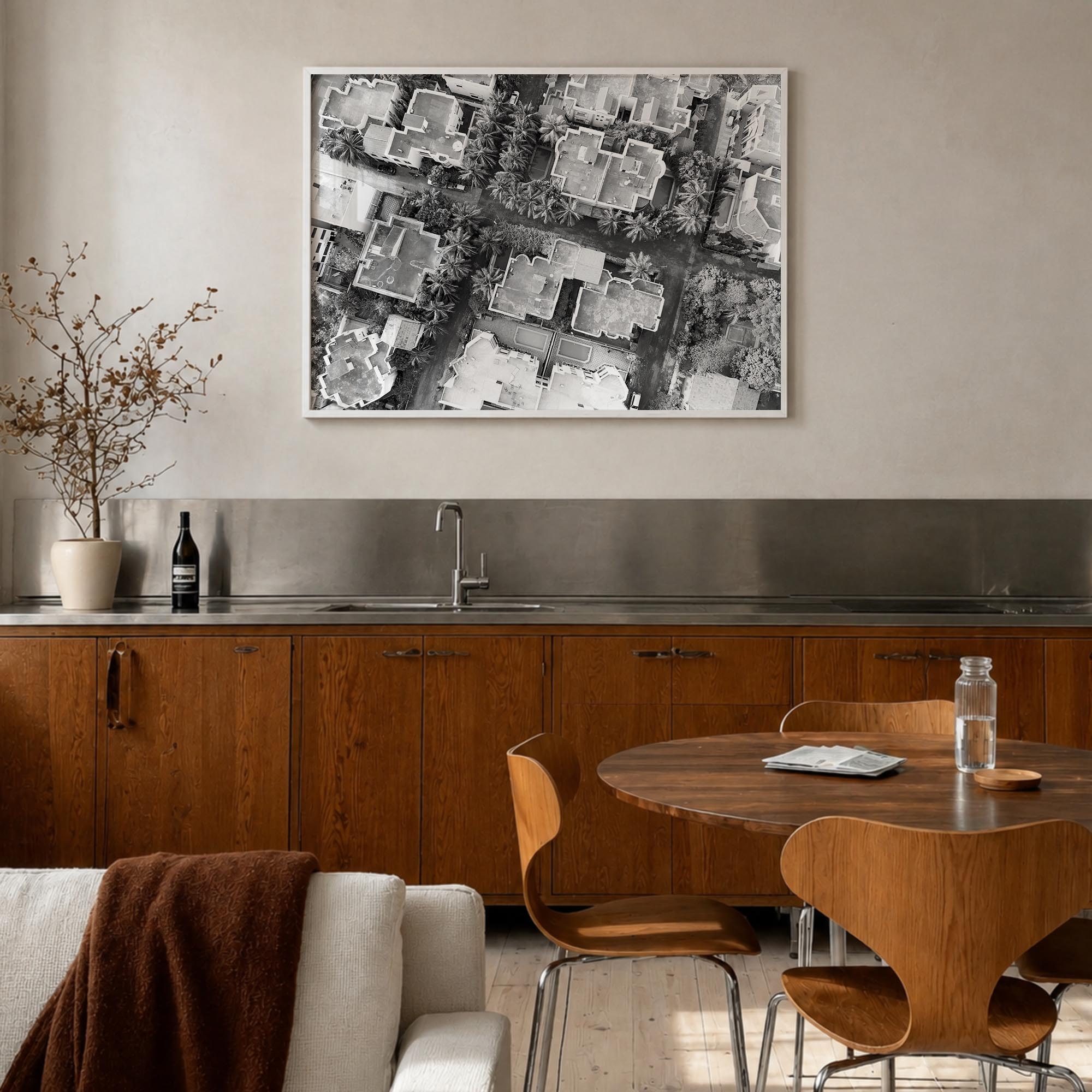 Ghana black & white photo poster of Africa – horizontal wall art in white wood frame, hanging on wall