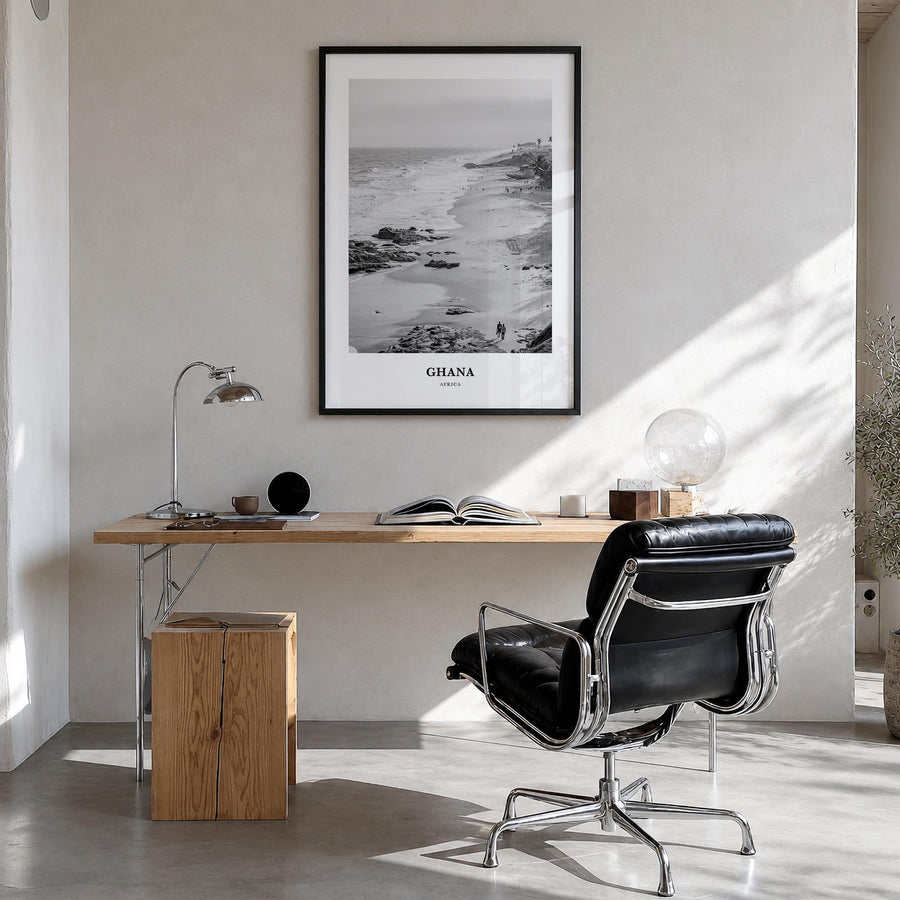 Ghana no. 1 black & white classic poster of Africa – vertical wall art in black wood frame, hanging on wall
