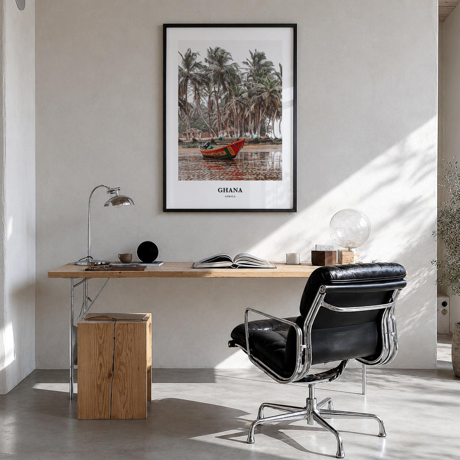 Ghana no. 1 colorful classic poster of Africa – vertical wall art in black wood frame, hanging on wall