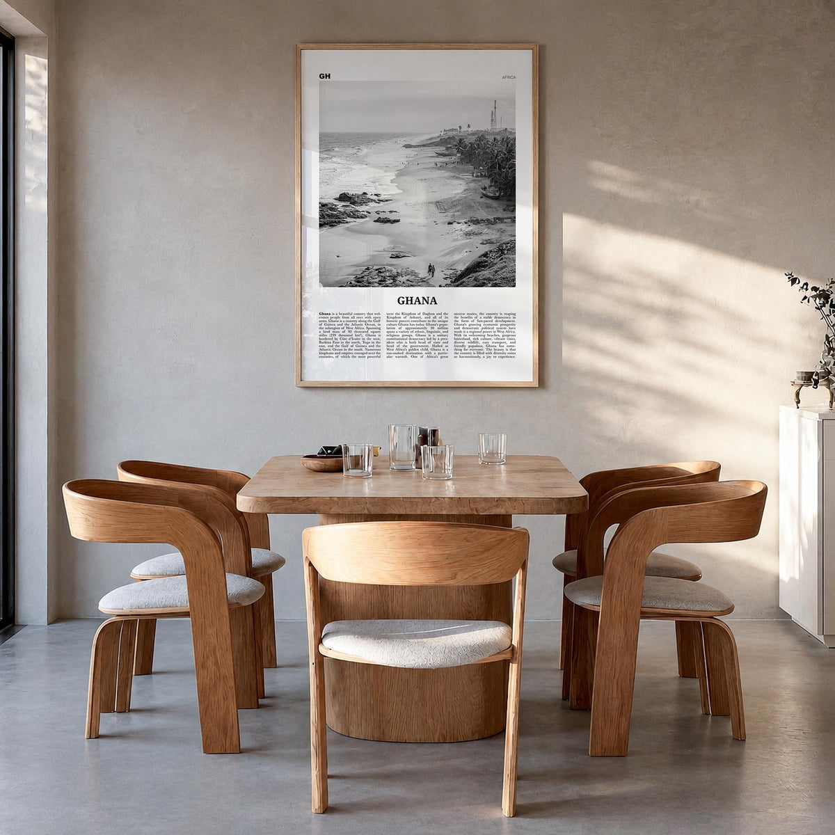 Ghana no. 2 black & white newspaper poster of Africa – vertical wall art in natural wood frame, hanging on wall