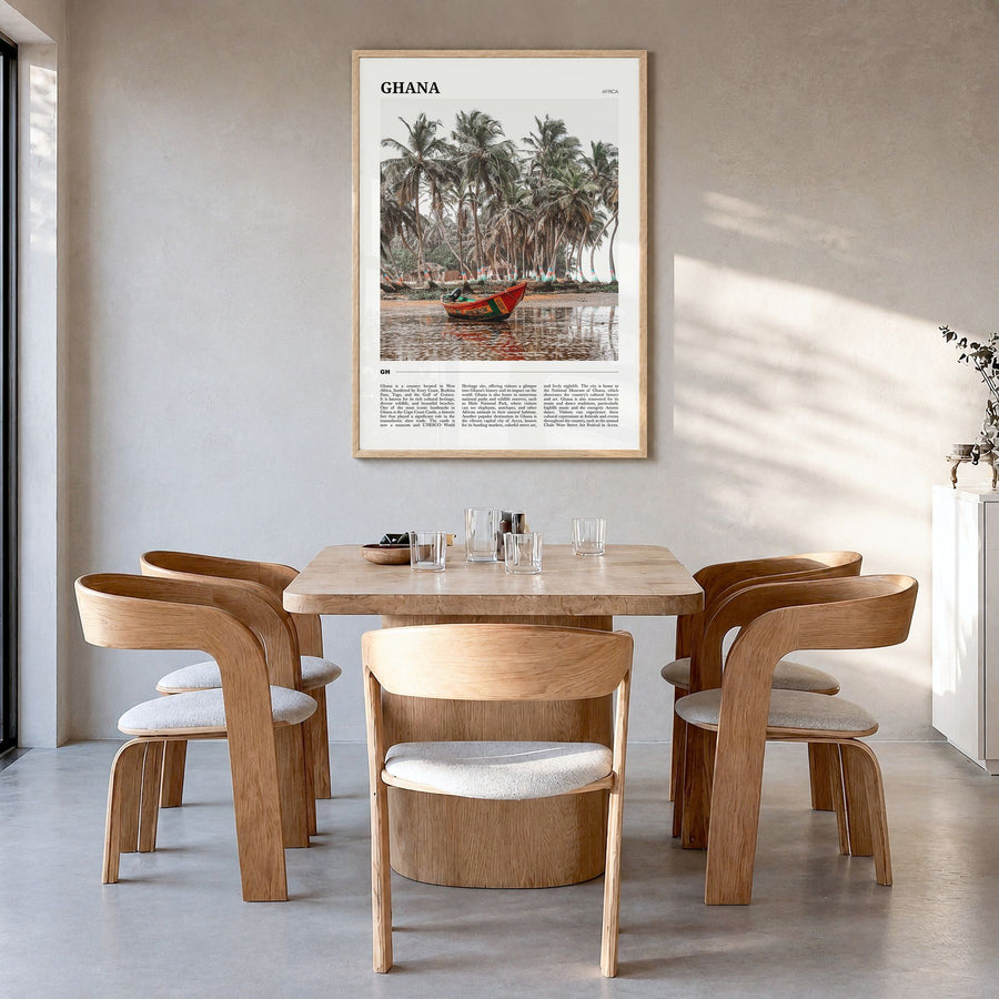 Ghana Travel No 1 Poster in a natural wood frame, hanging in a dining room