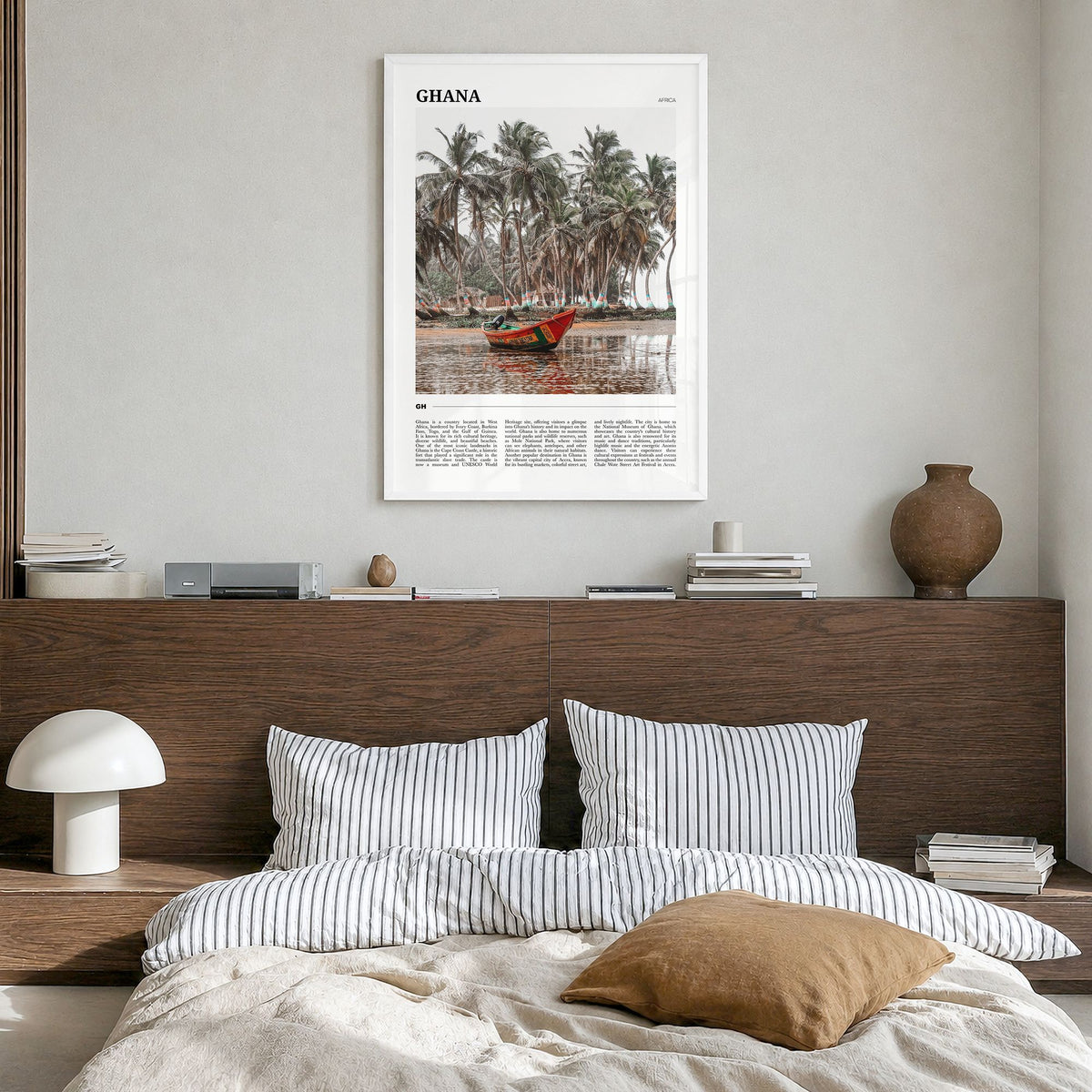 Ghana Travel No 1 Poster in a white wood frame, hanging in a bedroom