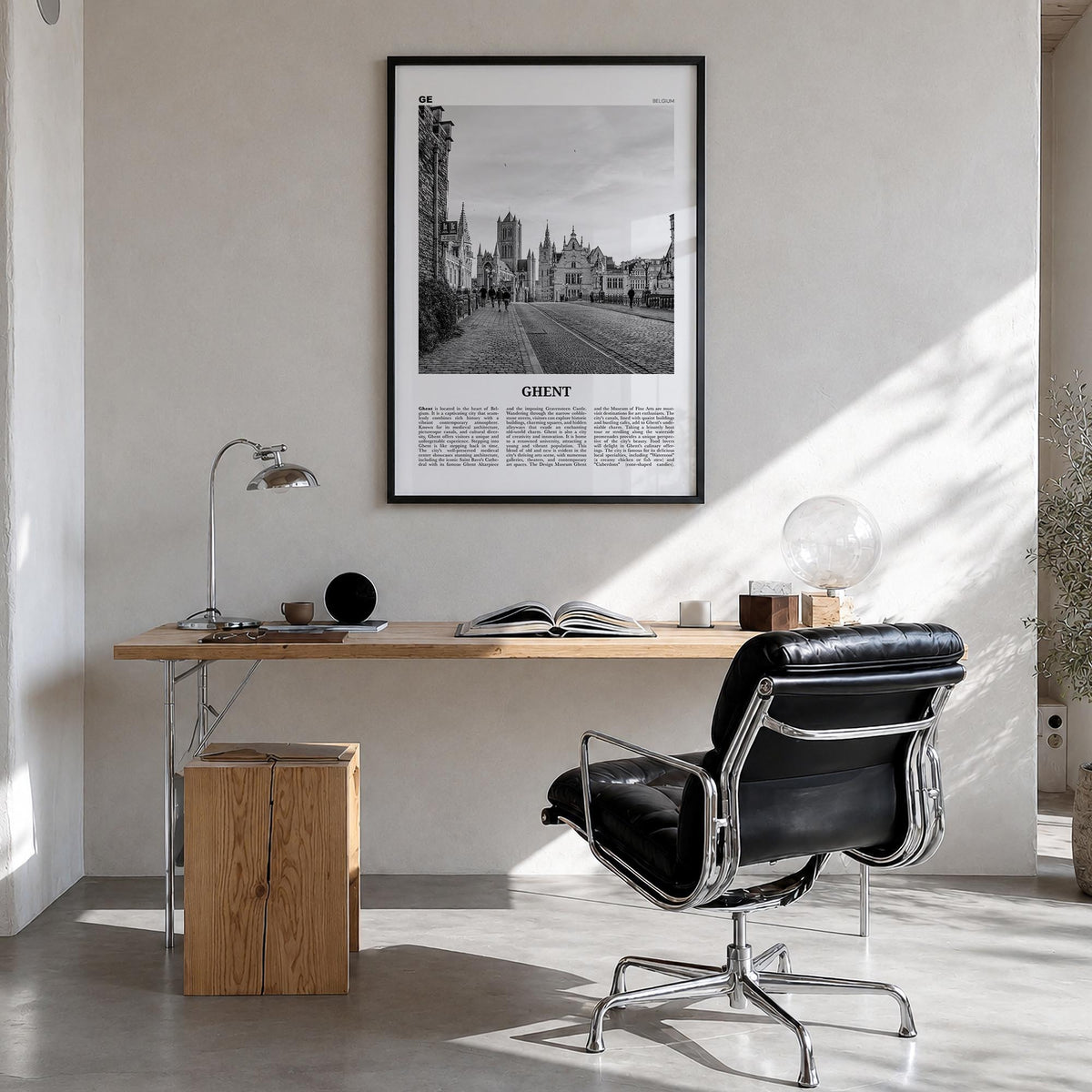 Ghent black & white newspaper poster of Belgium – vertical wall art in black wood frame, hanging on wall