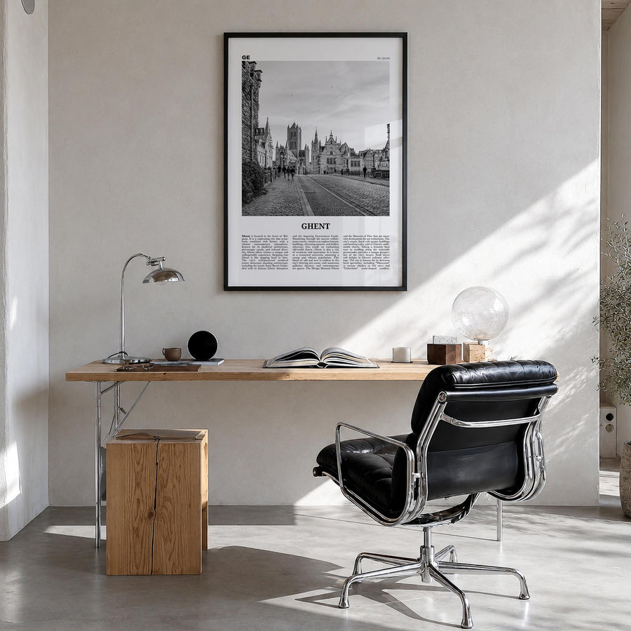 Ghent black & white newspaper poster of Belgium – vertical wall art in black wood frame, hanging on wall