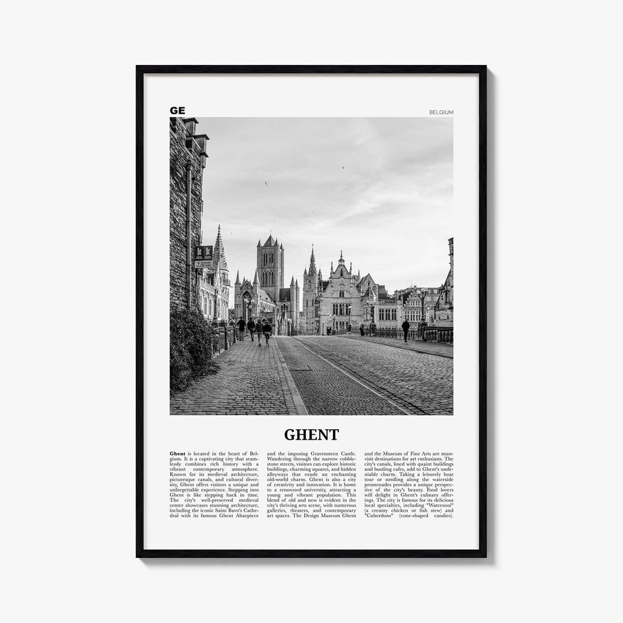 Ghent black & white newspaper poster of Belgium – vertical wall art, unframed print shown in interior mockup