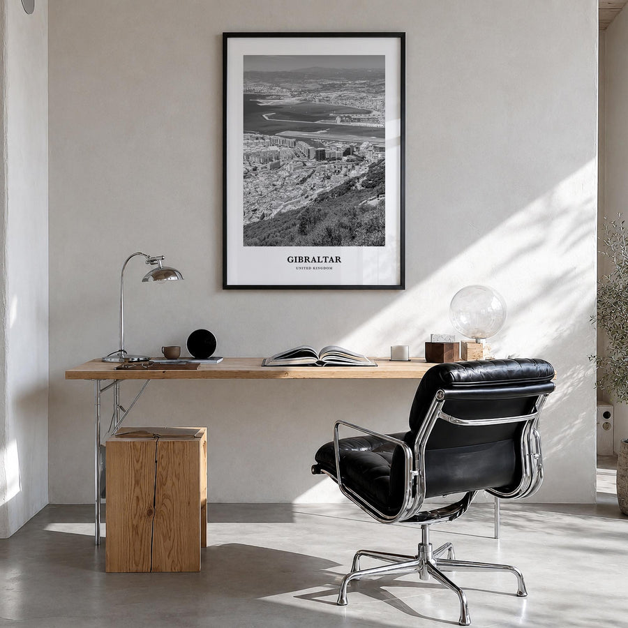 Gibraltar black & white classic poster of Europe – vertical wall art in black wood frame, hanging on wall