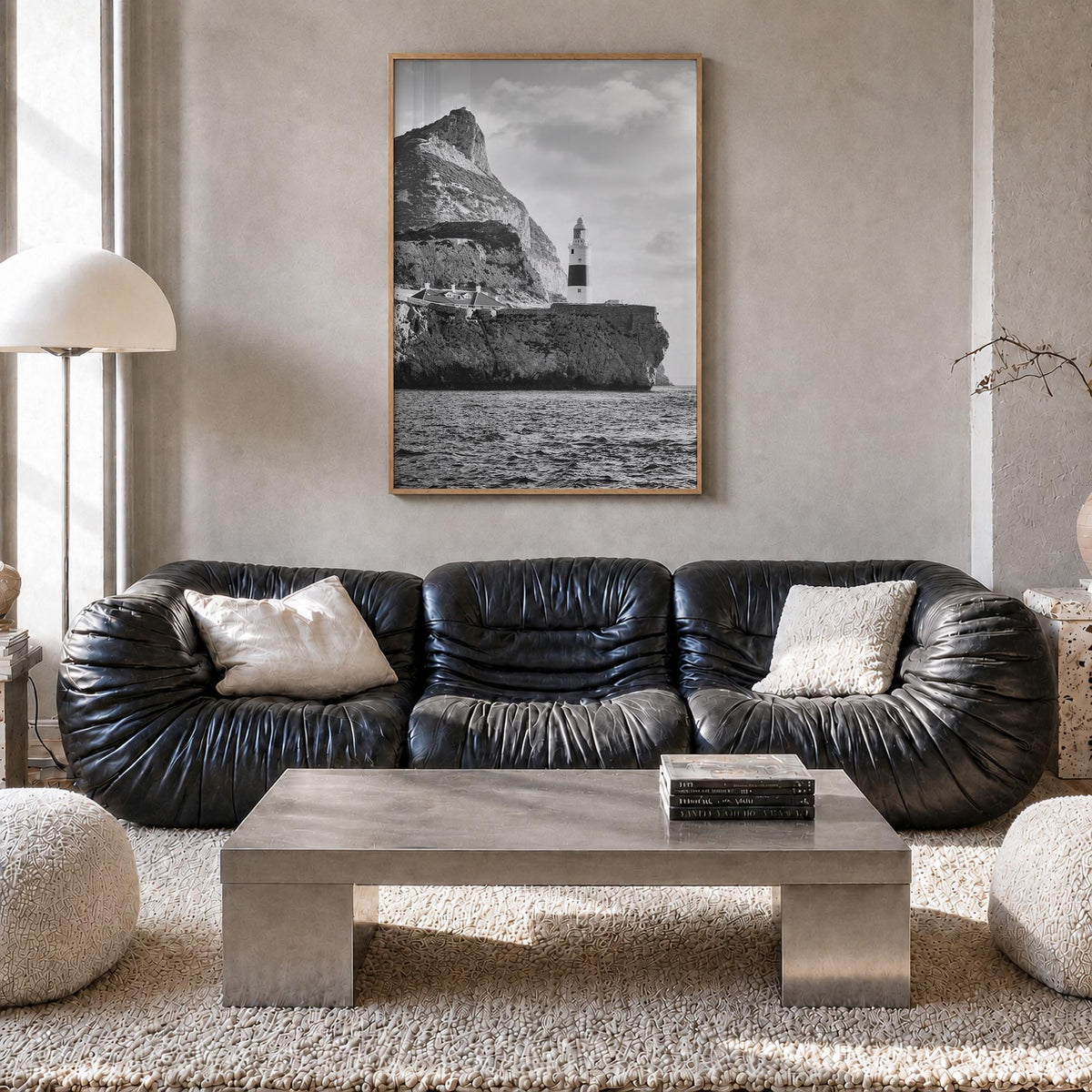 Gibraltar black & white photo poster of Europe – vertical wall art in natural wood frame, hanging on wall