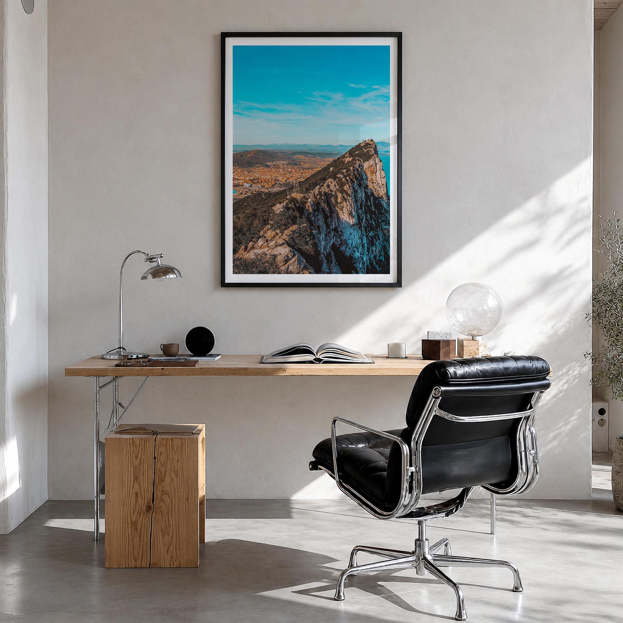 Gibraltar colorful photo poster of Europe – vertical wall art in black wood frame with white border, hanging on wall