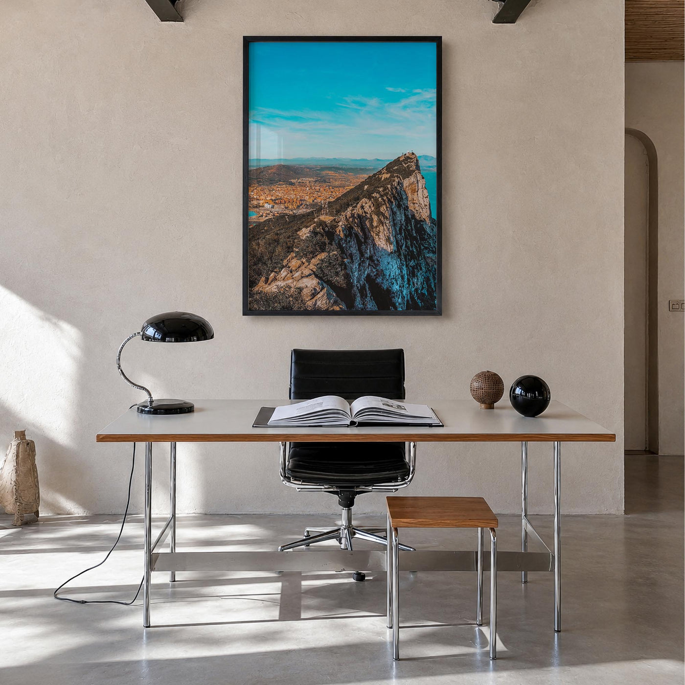 Gibraltar colorful photo poster of Europe – vertical wall art in black wood frame, hanging on wall