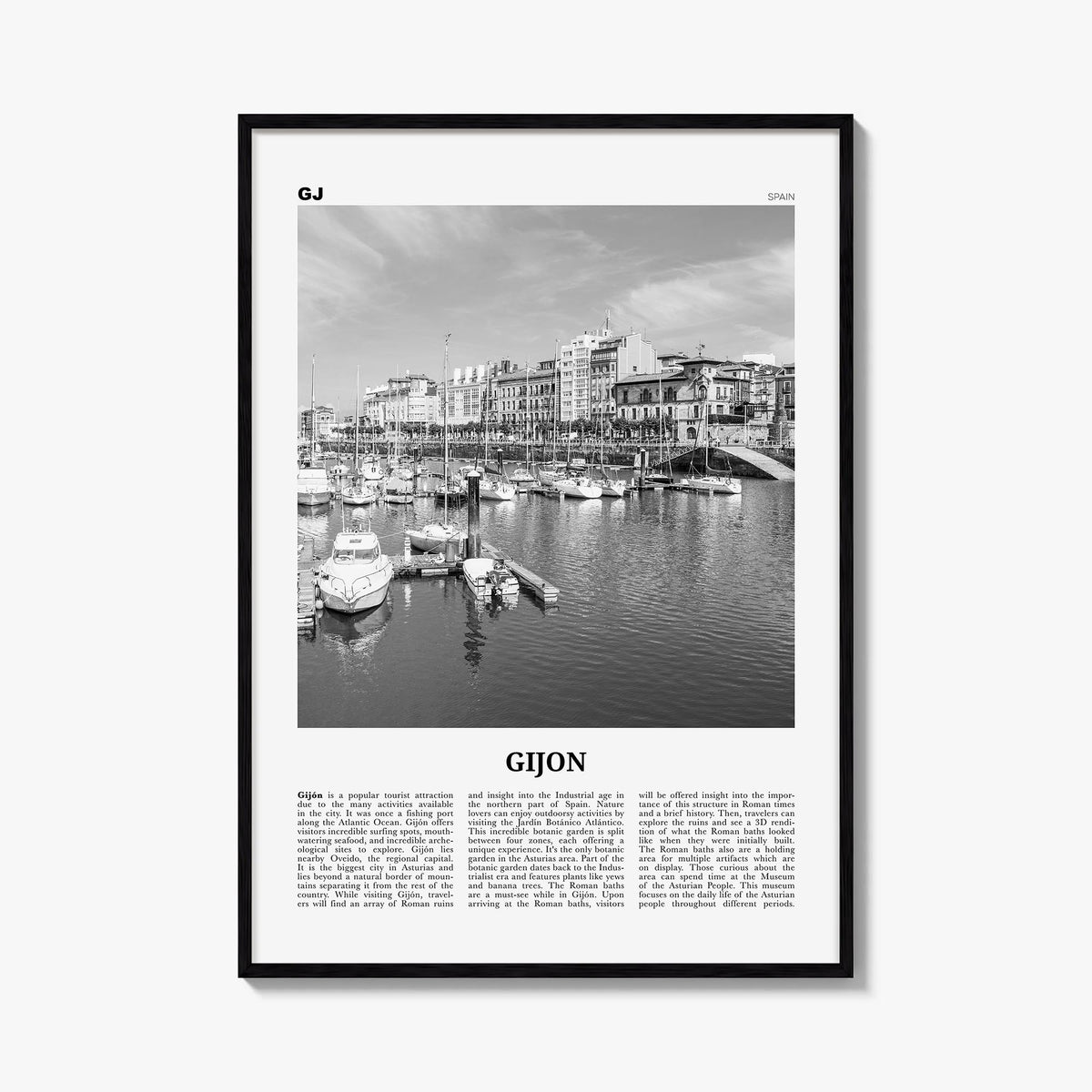 Gijón black & white newspaper poster of Spain – vertical wall art, unframed print shown in interior mockup