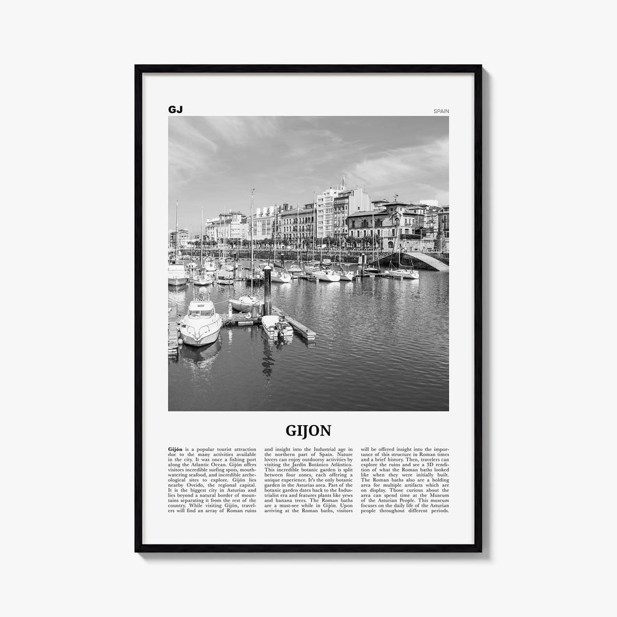 Gijón black & white newspaper poster of Spain – vertical wall art, unframed print shown in interior mockup