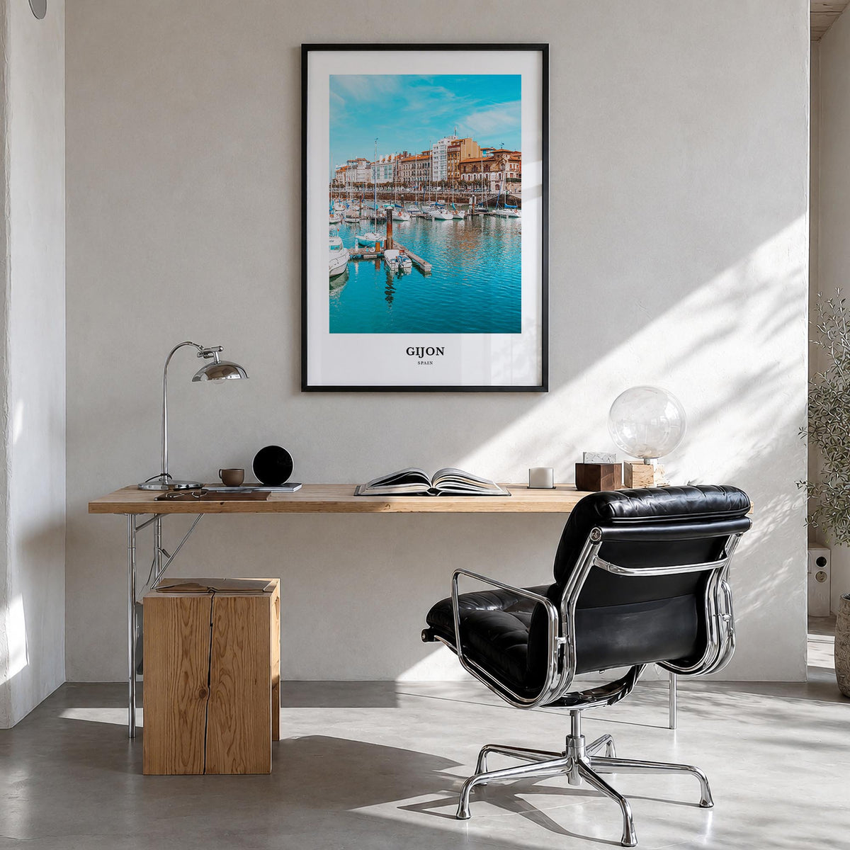 Gijón colorful classic poster of Spain – vertical wall art in black wood frame, hanging on wall