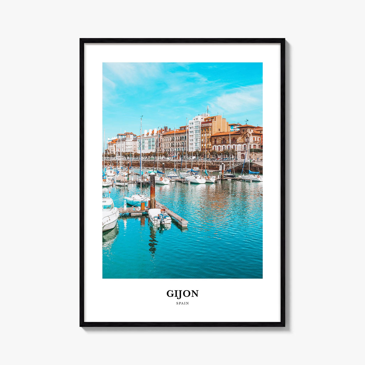 Gijón colorful classic poster of Spain – vertical wall art, unframed print shown in interior mockup