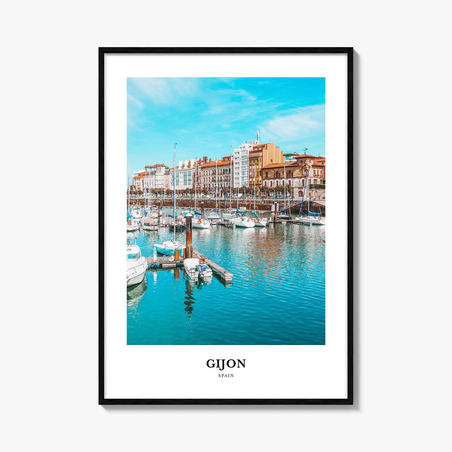 Gijón colorful classic poster of Spain – vertical wall art, unframed print shown in interior mockup