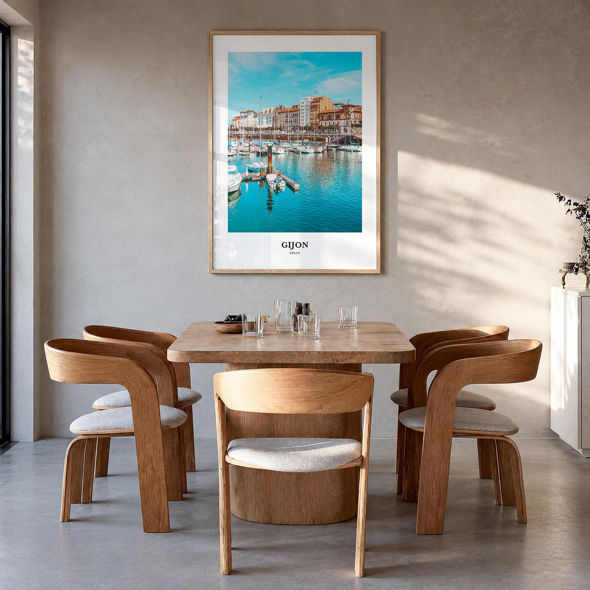 Gijón colorful classic poster of Spain – vertical wall art in natural wood frame, hanging on wall