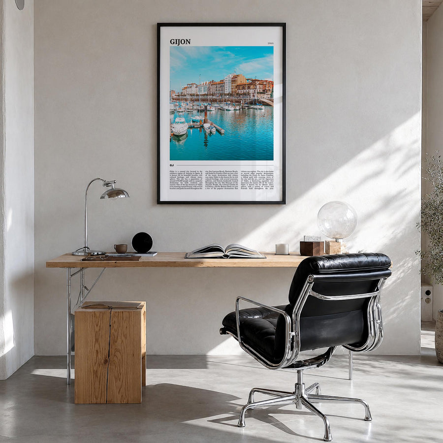 Gijón colorful travel poster of Spain – vertical wall art in black wood frame, hanging on wall
