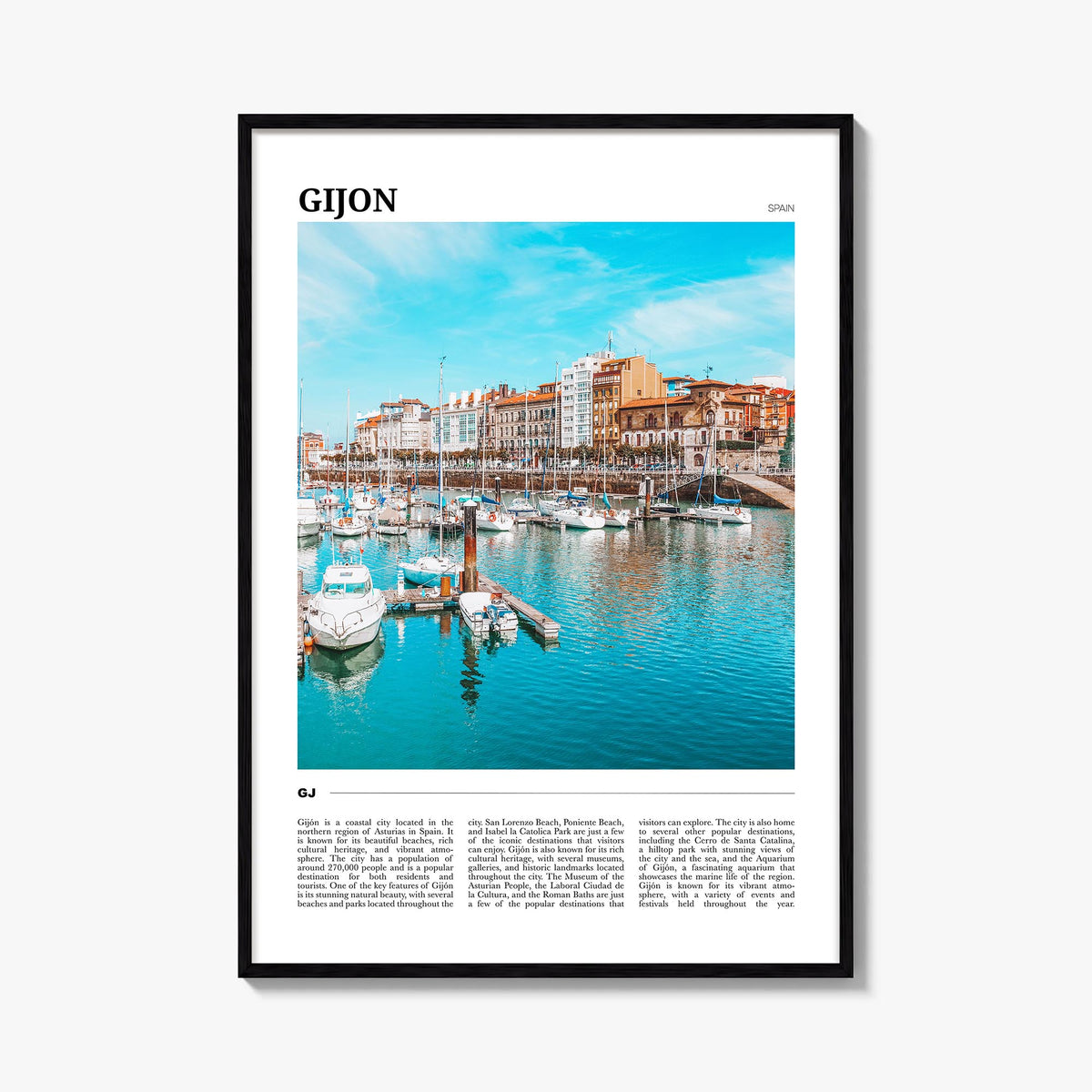 Gijón colorful travel poster of Spain – vertical wall art, unframed print shown in interior mockup