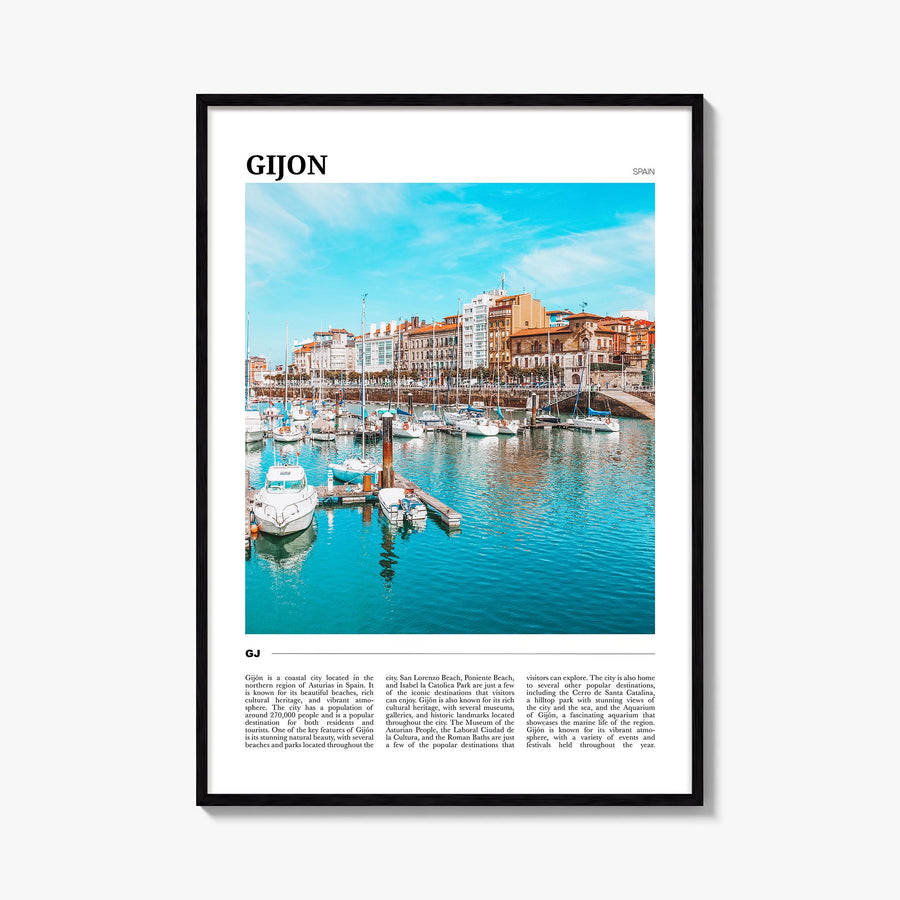 Gijón colorful travel poster of Spain – vertical wall art, unframed print shown in interior mockup