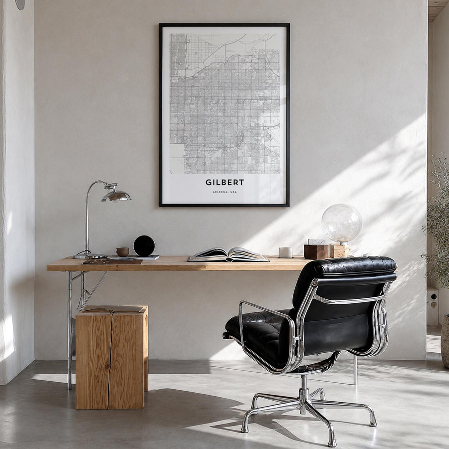 Gilbert black & white map poster of Arizona, USA – vertical wall art in black wood frame, hanging on wall