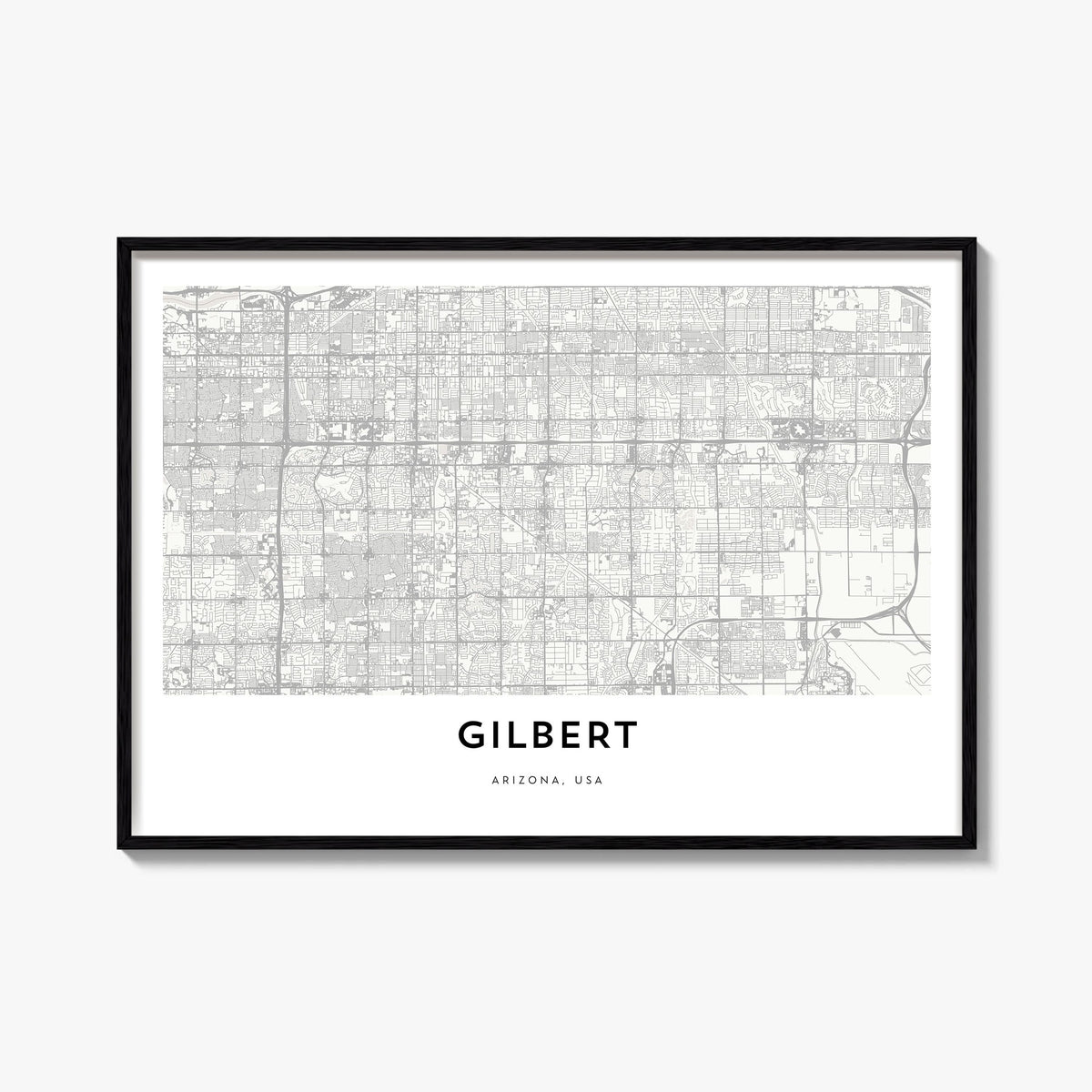 Gilbert black & white map poster of Arizona, USA – horizontal wall art, unframed print shown in interior mockup