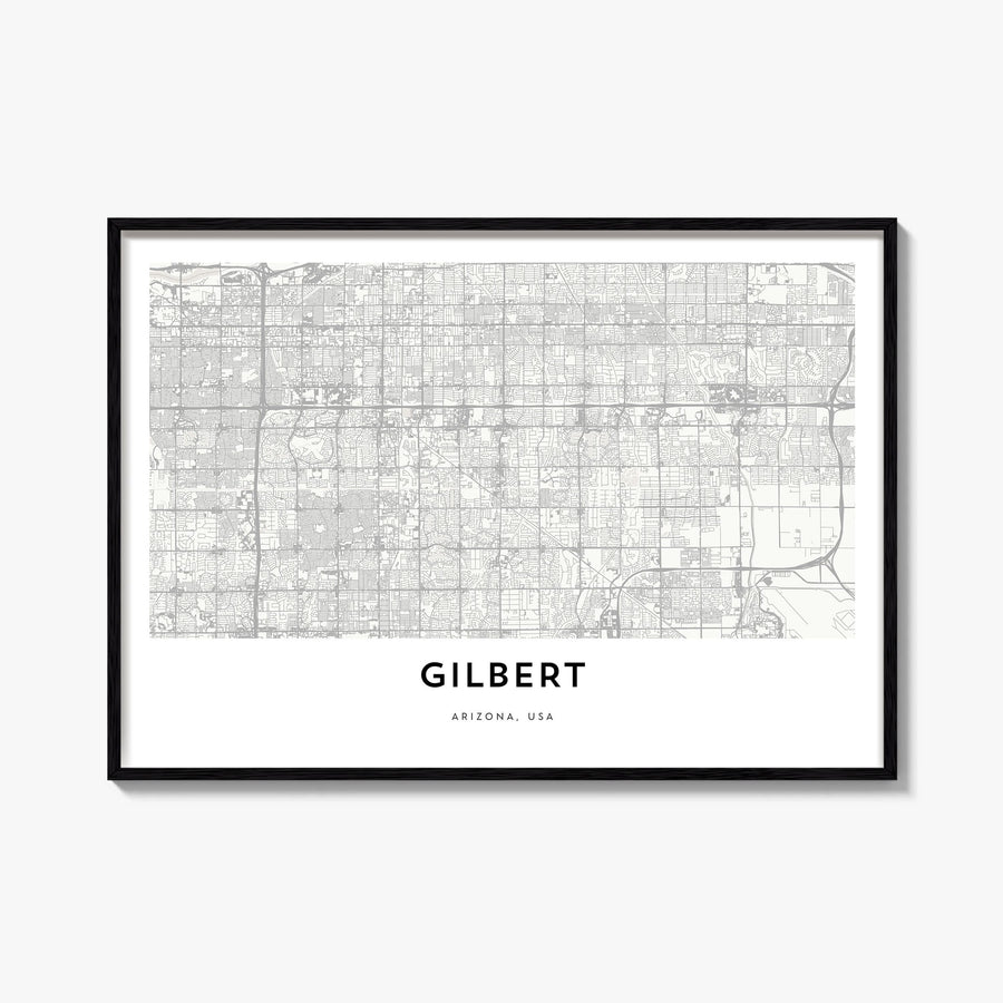 Gilbert black & white map poster of Arizona, USA – horizontal wall art, unframed print shown in interior mockup