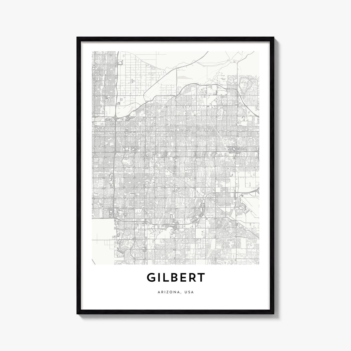 Gilbert black & white map poster of Arizona, USA – vertical wall art, unframed print shown in interior mockup