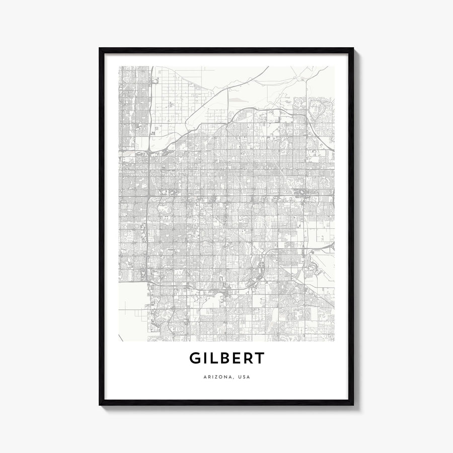 Gilbert black & white map poster of Arizona, USA – vertical wall art, unframed print shown in interior mockup