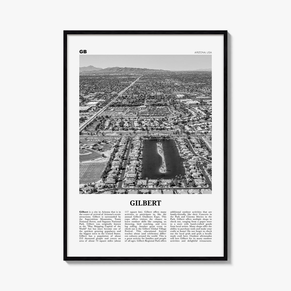 Gilbert black & white newspaper poster of Arizona, USA – vertical wall art, unframed print shown in interior mockup