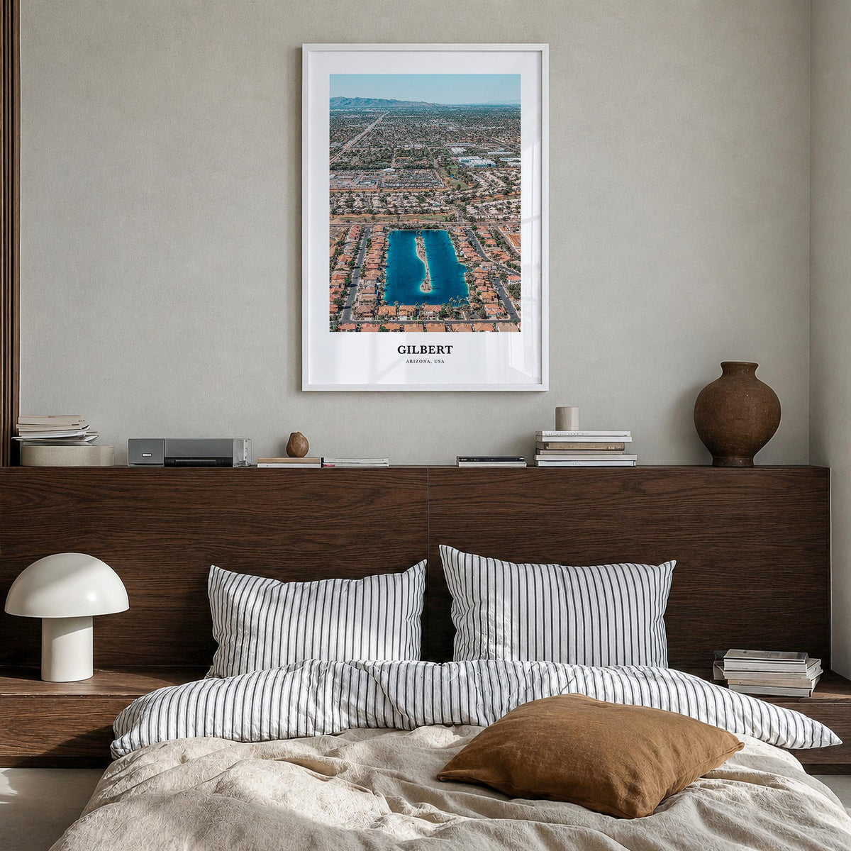 Gilbert colorful classic poster of Arizona, USA – vertical wall art in white wood frame, hanging on wall