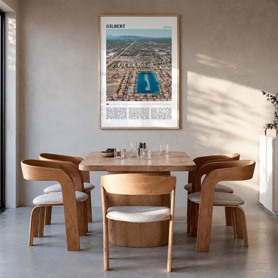 Gilbert colorful travel poster of Arizona, USA – vertical wall art in natural wood frame, hanging on wall
