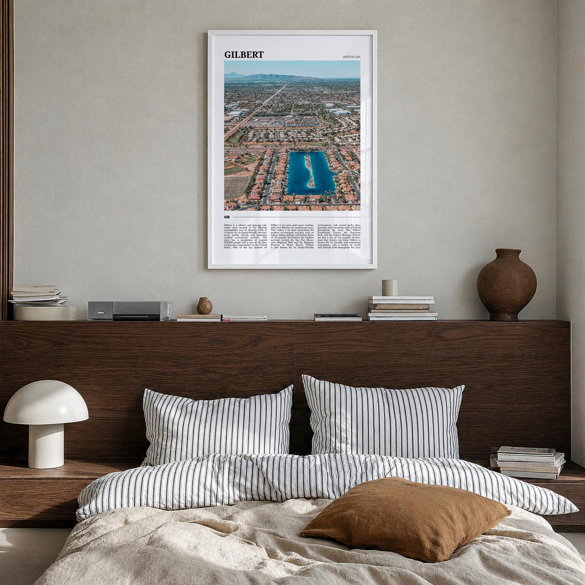 Gilbert colorful travel poster of Arizona, USA – vertical wall art in white wood frame, hanging on wall