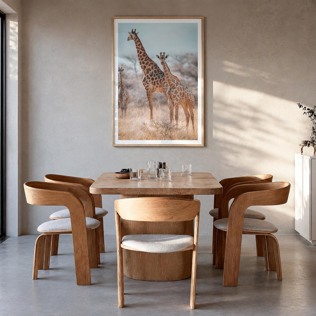 Giraffe no. 1 colorful photo poster – vertical wall art in natural wood frame with white border, hanging on wall