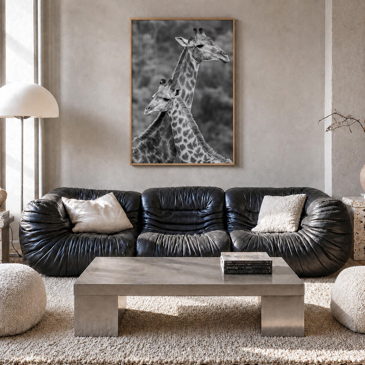 Giraffe no. 2 black & white photo poster – vertical wall art in natural wood frame, hanging on wall