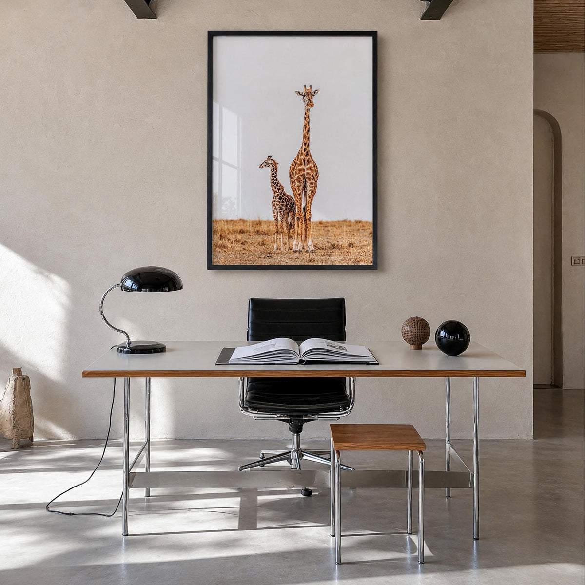 Giraffe no. 2 colorful photo poster – vertical wall art in black wood frame, hanging on wall