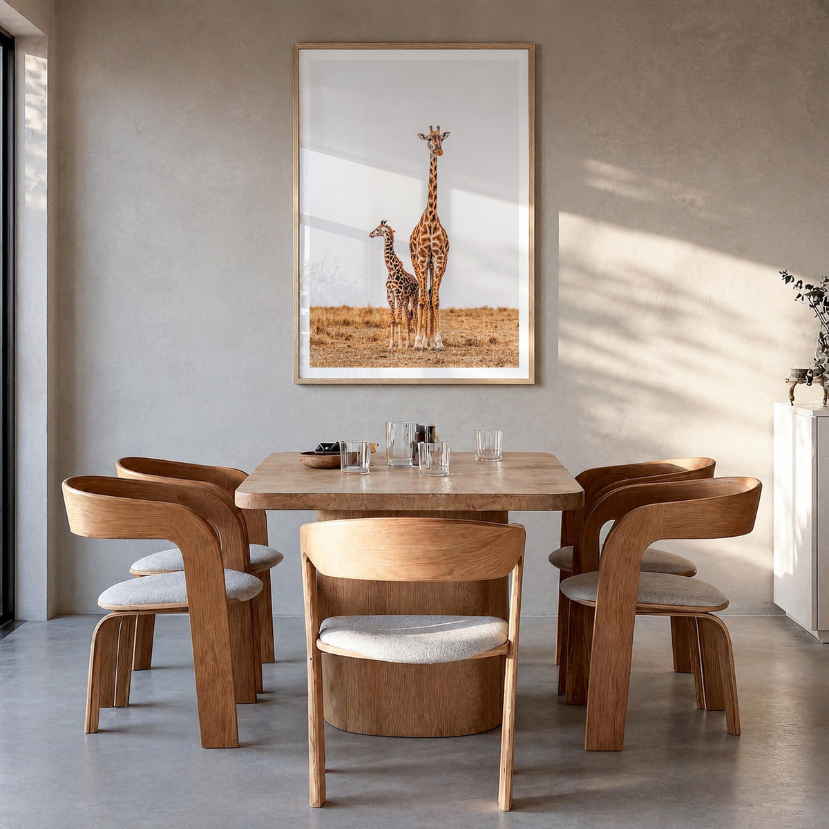 Giraffe no. 2 colorful photo poster – vertical wall art in natural wood frame with white border, hanging on wall