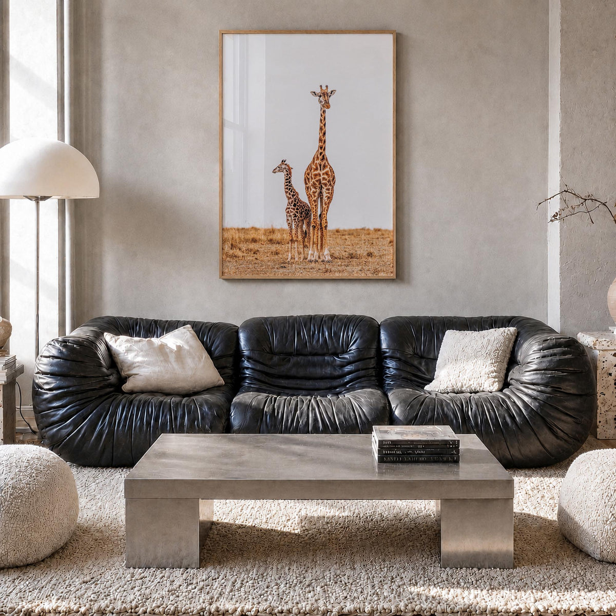 Giraffe no. 2 colorful photo poster – vertical wall art in natural wood frame, hanging on wall