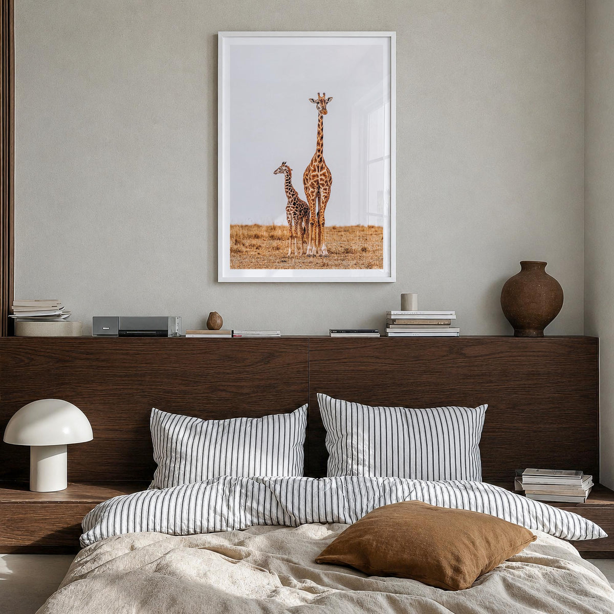 Giraffe no. 2 colorful photo poster – vertical wall art in white wood frame with white border, hanging on wall