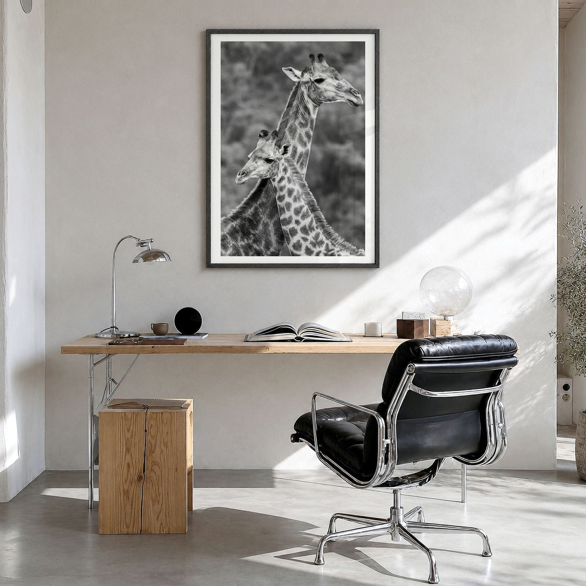Giraffe Photo No 2 Poster in a black wood frame, hanging in a bright home office, white border