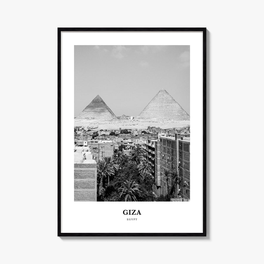 Giza black & white classic poster of Egypt – vertical wall art, unframed print shown in interior mockup