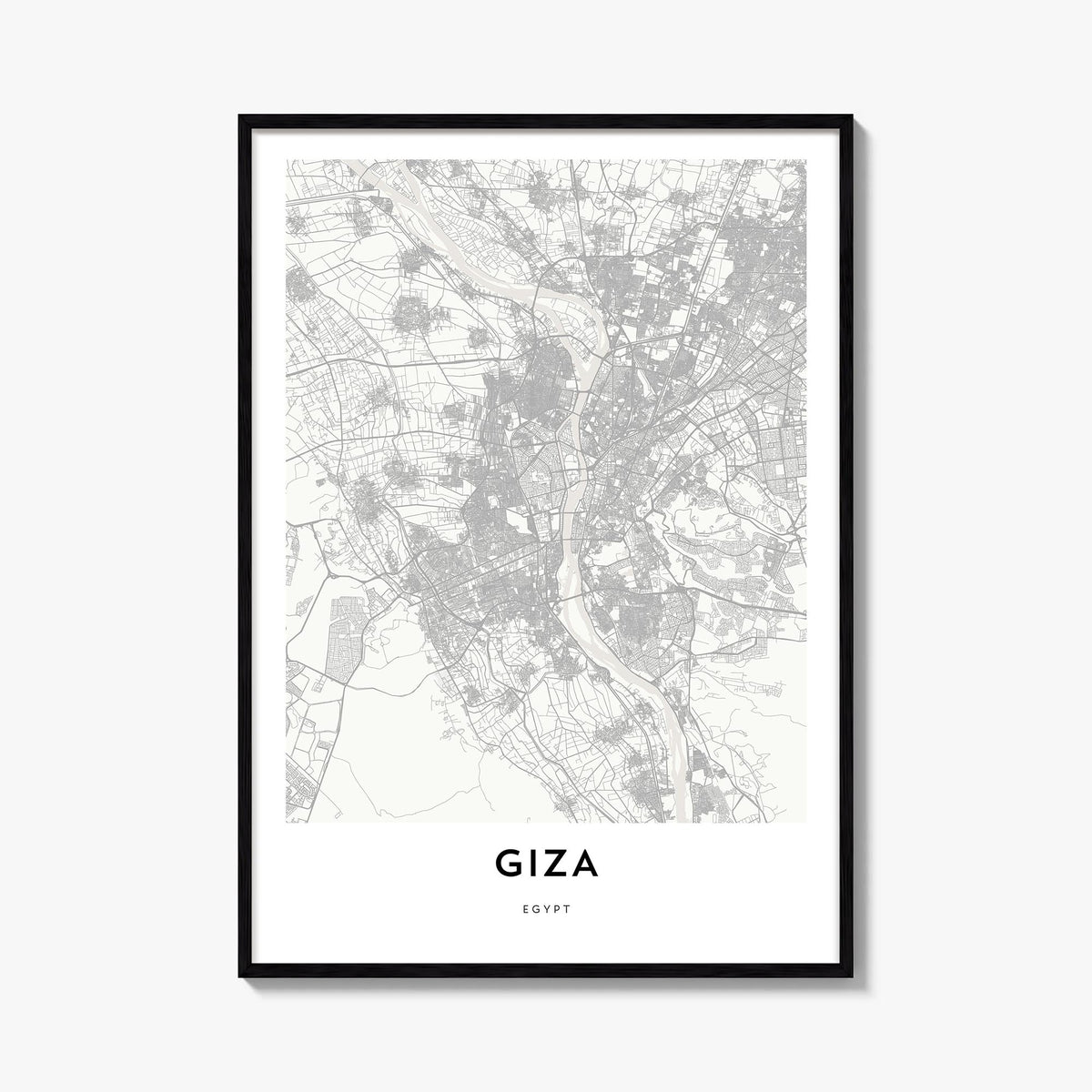 Giza black & white map poster of Egypt – vertical wall art, unframed print shown in interior mockup