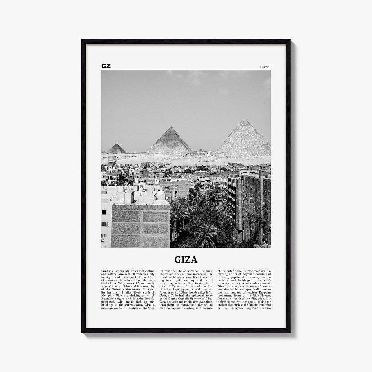 Giza black & white newspaper poster of Egypt – vertical wall art, unframed print shown in interior mockup