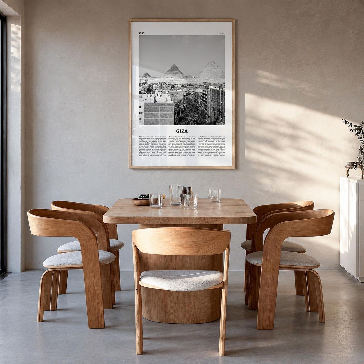 Giza black & white newspaper poster of Egypt – vertical wall art in natural wood frame, hanging on wall
