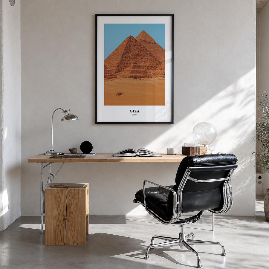 Giza colorful classic poster of Egypt – vertical wall art in black wood frame, hanging on wall