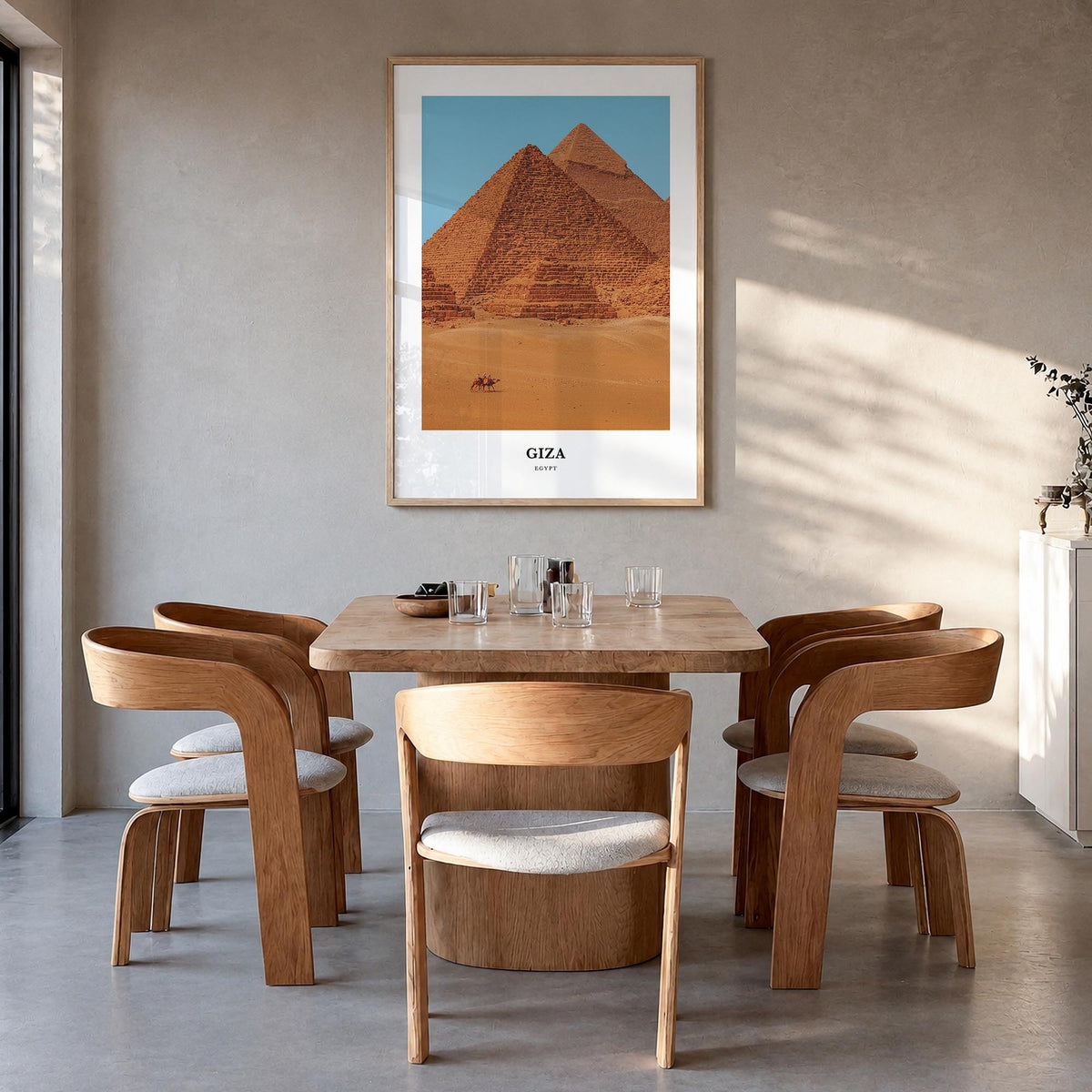 Giza colorful classic poster of Egypt – vertical wall art in natural wood frame, hanging on wall