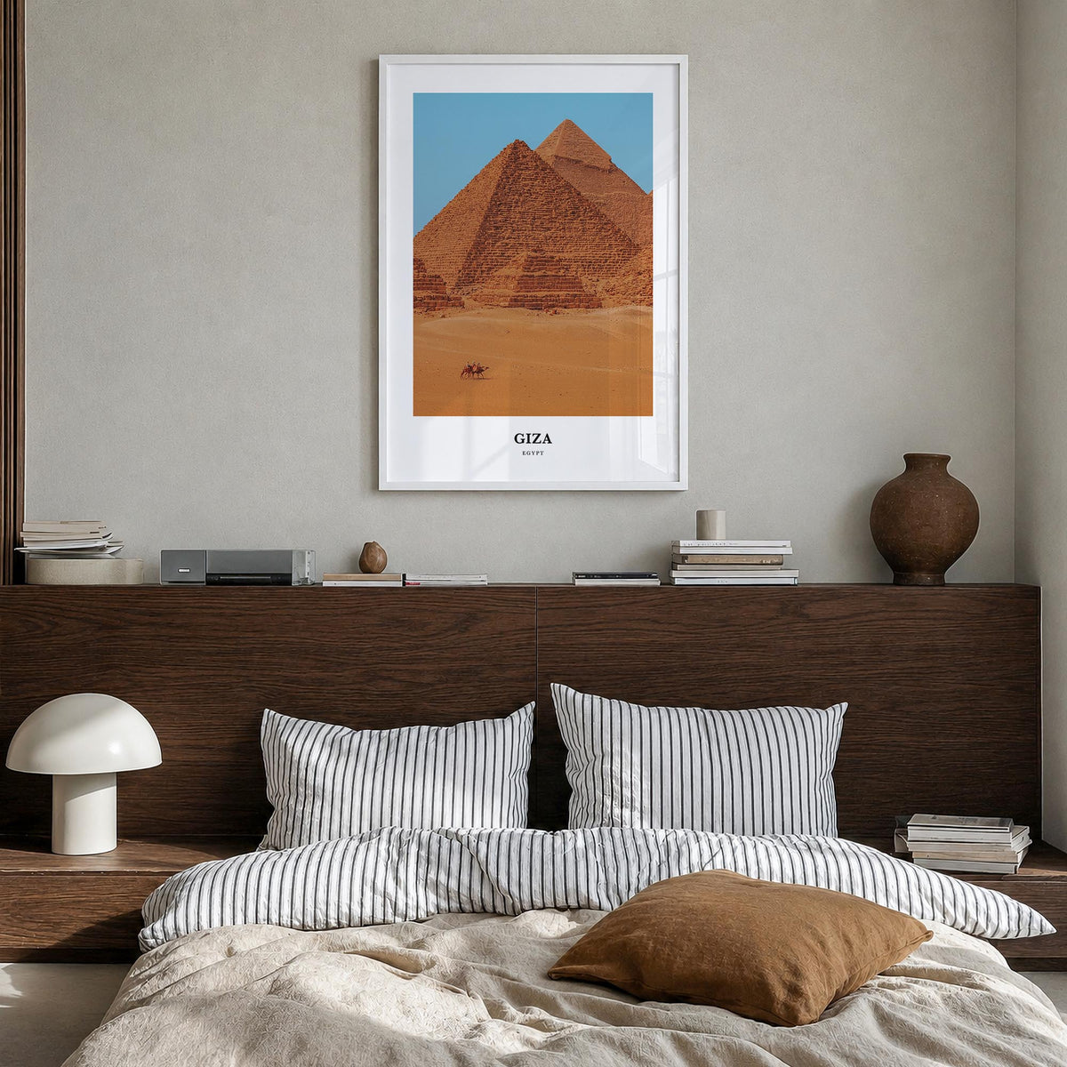 Giza colorful classic poster of Egypt – vertical wall art in white wood frame, hanging on wall