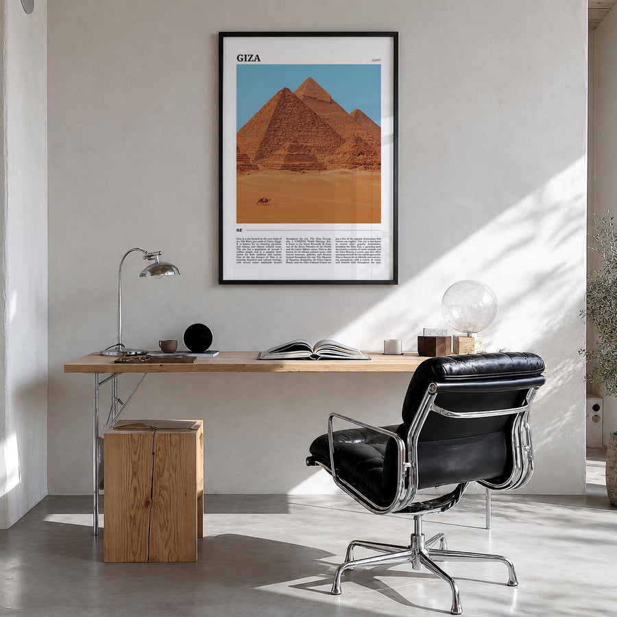Giza colorful travel poster of Egypt – vertical wall art in black wood frame, hanging on wall