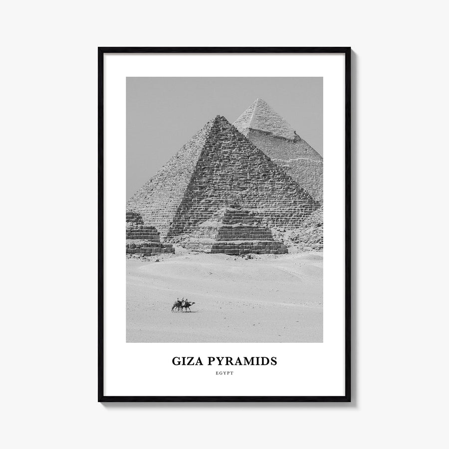 Giza Pyramids black & white classic poster of Egypt – vertical wall art, unframed print shown in interior mockup