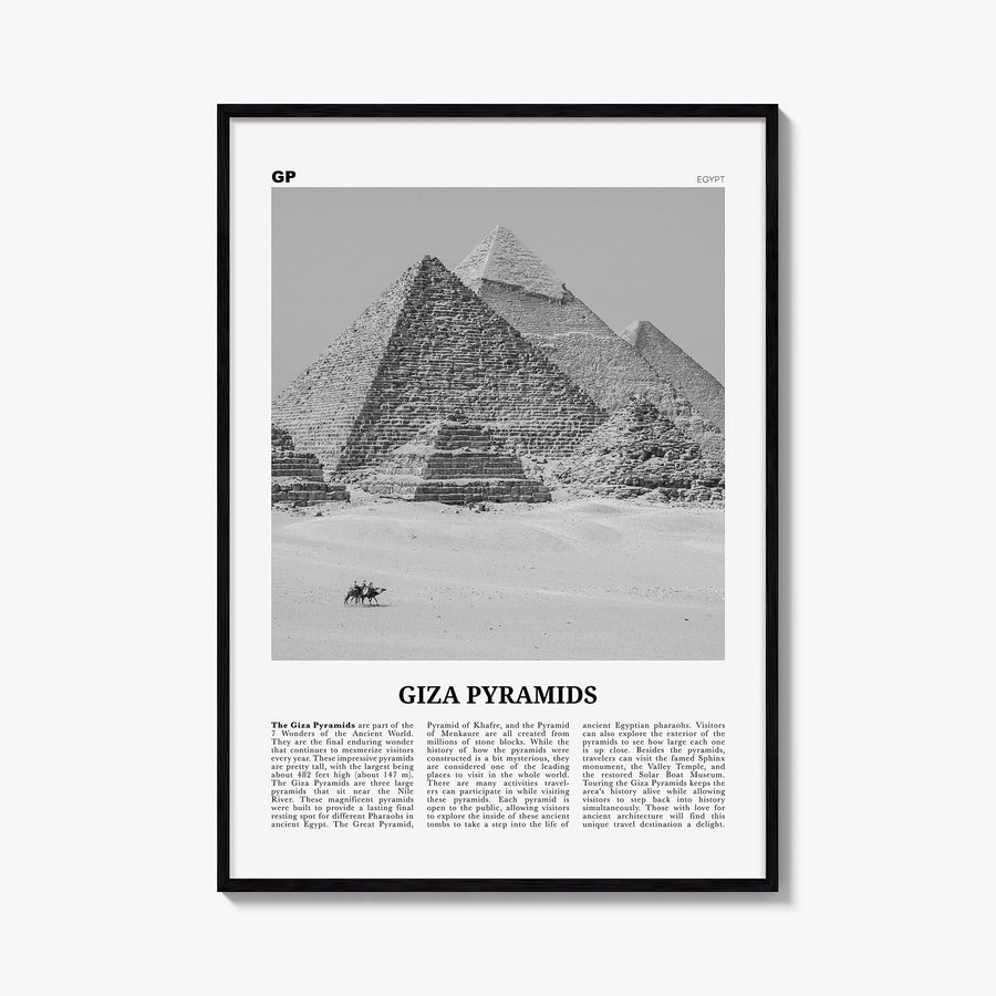 Giza Pyramids black & white newspaper poster of Egypt – vertical wall art, unframed print shown in interior mockup